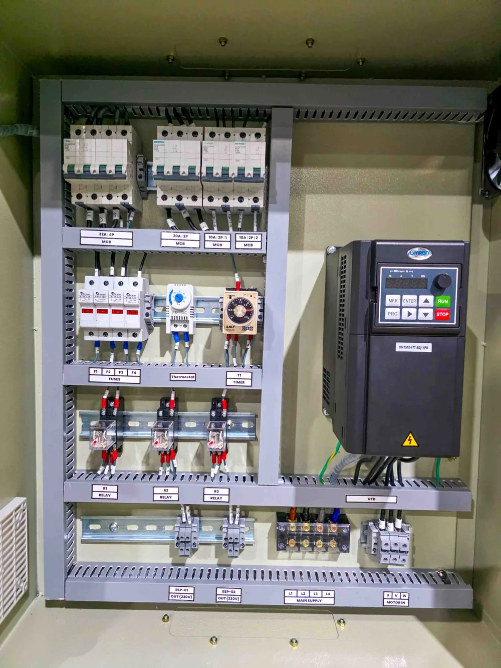 Electrical components and variable frequency drive arranged inside a panel